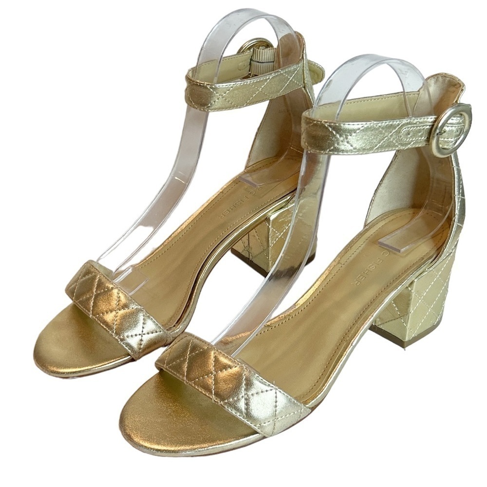 Marc Fisher Metallic Gold Quilted Block Heels Womans Ankle Strap Peep Toe Size 8